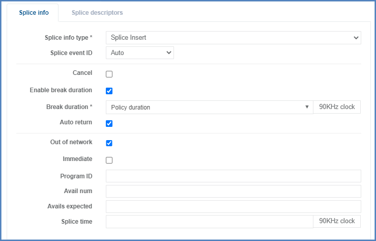 Splice Insert: splice info section configuration